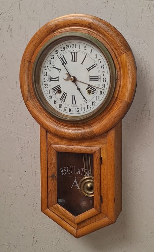 ANTIQUE CALENDAR WALL REGULATOR CHIME CLOCK WORKING 8 DAY SCHOOLHOUSE + PENDULUM