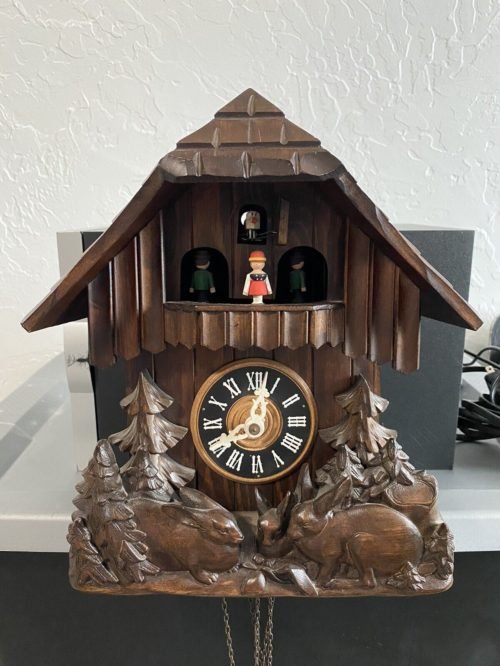 Antique Carved Wood Black Forest Cuckoo Clock Rabbit Bunny’s RARE!!!!