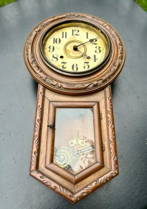 Antique Carved Wood Wall Clock no Glass Bezel works a little Fixer BAA Chime