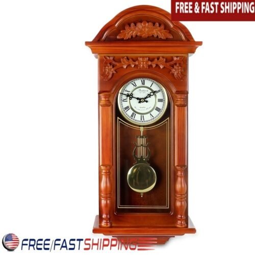 Antique Chiming Wall Clock Roman Numerals Padauk Oak Pendulum Harmonic Chimes US