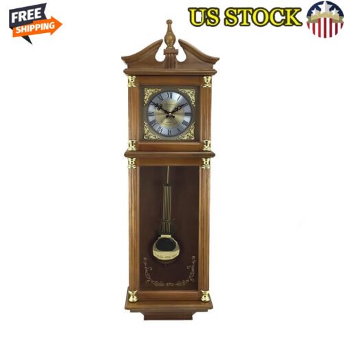 Antique Chiming Wall Clock W/ Roman Numerals & Pendulum Harvest Oak Finish New