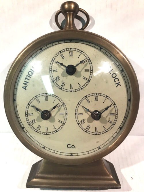 Antique Clock Co.-Three Time Zone Analog Desk Clock Heavy Brass VTG Working?READ