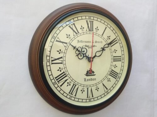 Antique Coffee Brown Round Look Wooden Glass Home Decoration 12 inch Wall Clock