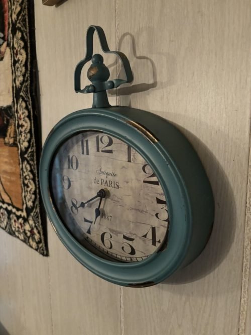 Antiqued DE PARIS Distressed Turquoise Wall Clock All Metal *Working*