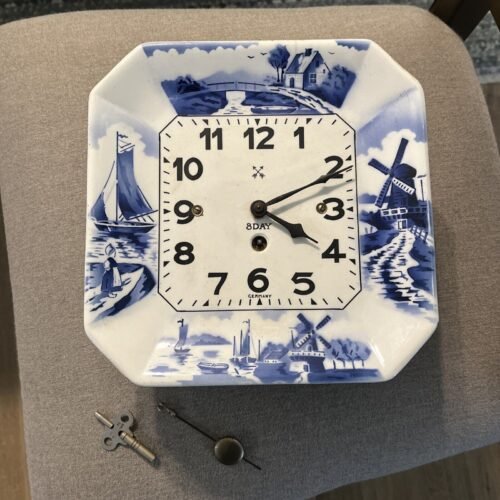 Antique Delft Germany Ceramic Blue and White 8 Day Wall Clock