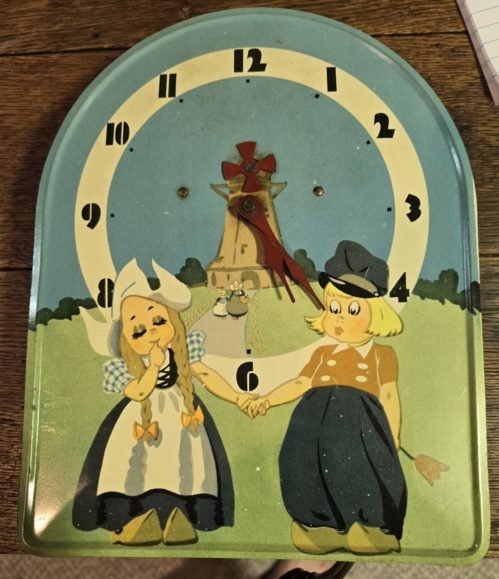 Antique Dutch Girl & Boy Galten Products Metal Wall Clock Decor Rare Windmill