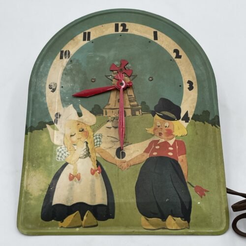 Antique Dutch Girl & Boy Metal Tin Wall Clock Farm Rare Windmill USA Made VTG