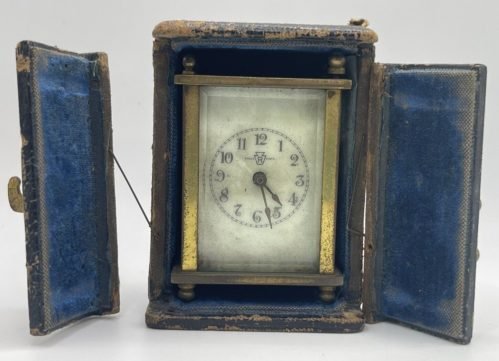 Antique Edwardian 1907 Brass Carriage Clock With Blue Velvet Leather Case