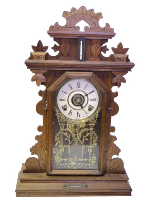 Antique E Ingraham Pansy Gingerbread Mantle Clock w Alarm & Thermometer key wind