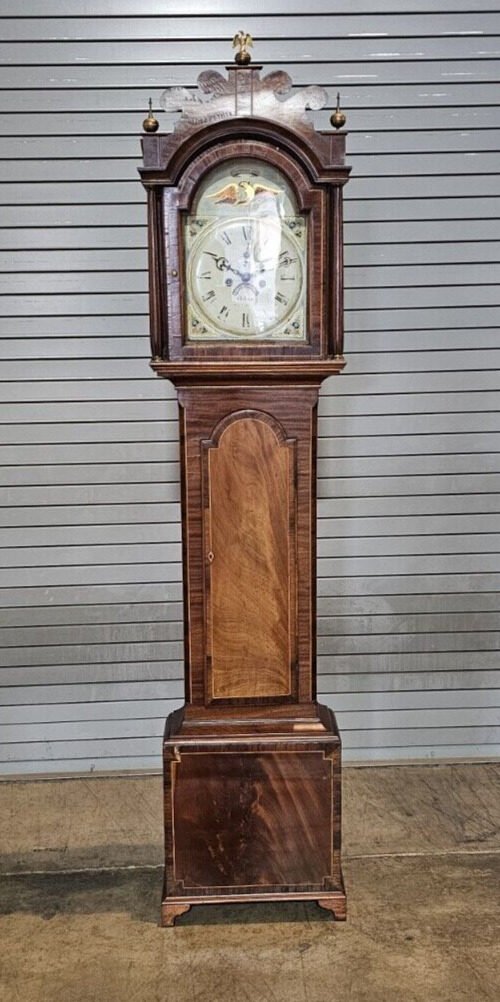 Antique English Early 19th Century Federal Mahogany Tall Case Grandfather Clock