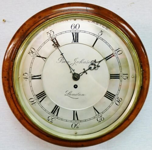 Antique English Johnson Of London 8 Day Fusee Walnut Railway Dial Wall Clock
