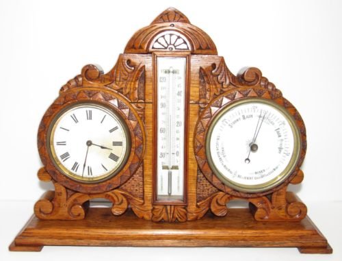 Antique English or German Victorian Hand Carved Wood Weather Station Clock 8-Day
