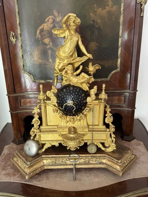 ANTIQUE FRENCH 19 TH CENTURY GILDED BRONZE EMPIRE CLOCK COBALT ANGEL CUPID STAR