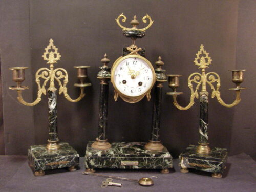 Antique French 3 Pc Marble Gilt Bronze Portico Mantel Clock Garniture Candelabra