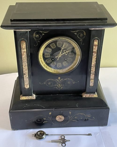 Antique French Black Slate Flower Deco Gong Chime Mantle Clock 14" x 12" x 7"