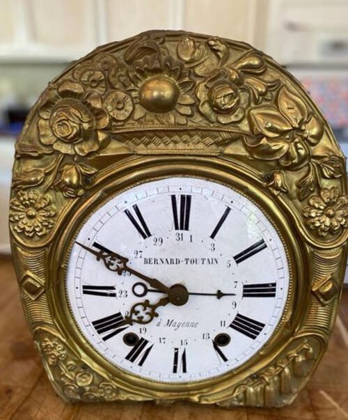 Antique French Country Clock with Repeater Bell Strike 2 Restore Repousse Front