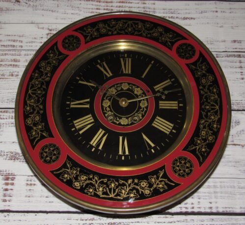 Antique French Gallery Wall Clock Red Black and Gold with Glass Dial 8-Day