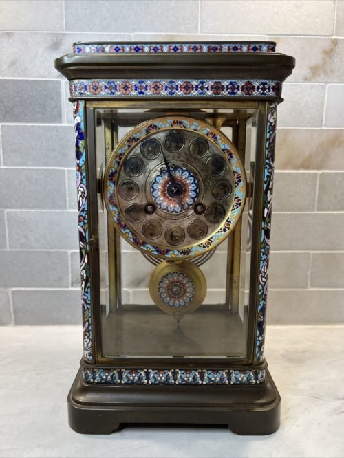 Antique French Glass Mantel Clock Vincenti & Cie Medaille D'Argent 1855 Enamel