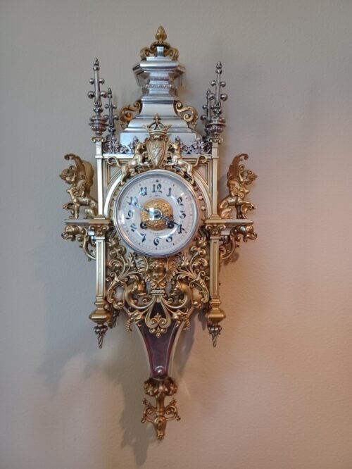 Antique FRENCH Gothic High-Style Silver/Brass Wall Clock by CCH; 1880 NEW PRICE!
