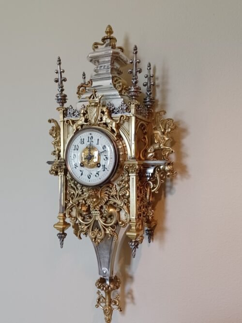 Antique FRENCH Gothic High-Style Silver/Brass Wall Clock by CCH; 1880 NEW VIDEO!