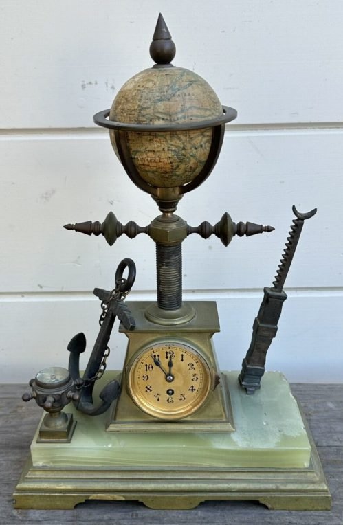 Antique French J. Forest World 3” Globe Maritime Bronze & Marble Mantel Clock
