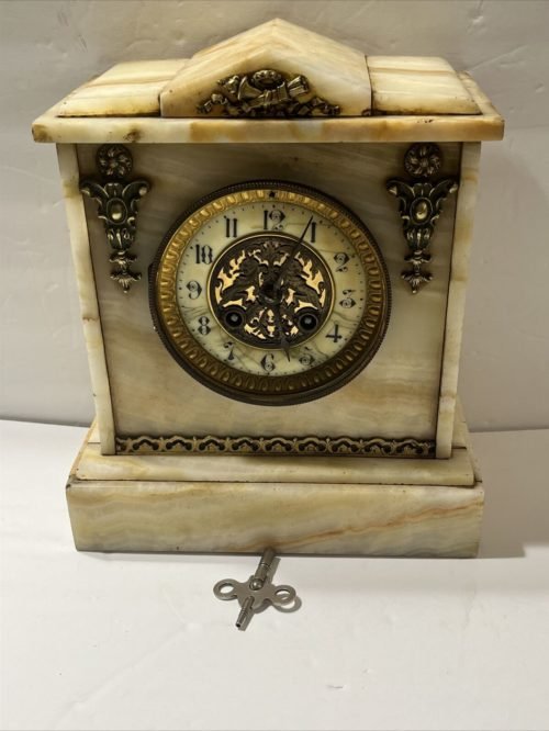 Antique French Medaille De Bronze S. Marti 19th Century Marble Desk Clock Lions