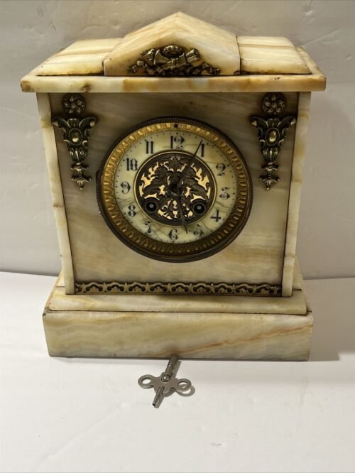 Antique French Medaille De Bronze S. Marti 19th Century Marble Desk Clock Lions