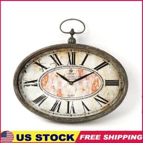 Antique French Oval Wall Clock Distressed Finish Roman Numerals Home Decor PC004