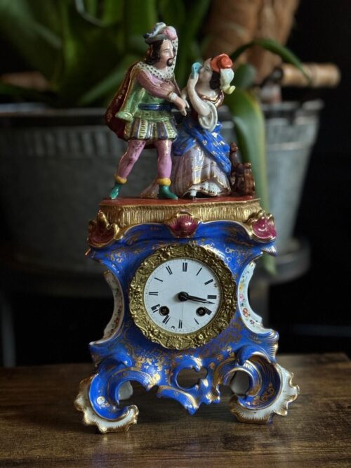 Antique French Porcelain Mantel Clock With Figurative Pediment C