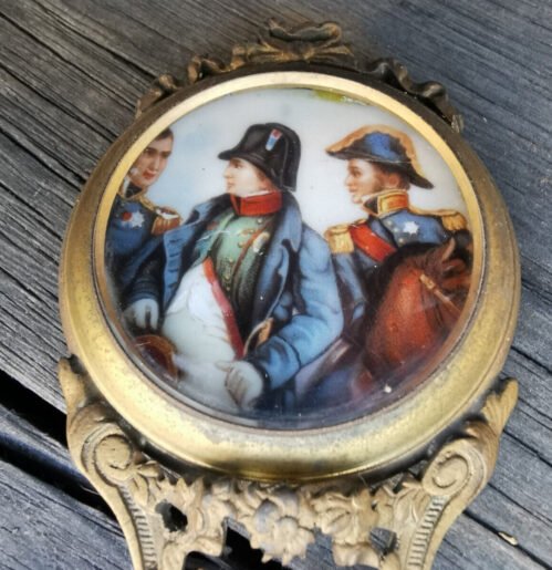 ANTIQUE FRENCH? SWINGING ARM BALL MYSTERY CLOCK PENDULUM WITH NAPOLEON PAINTING