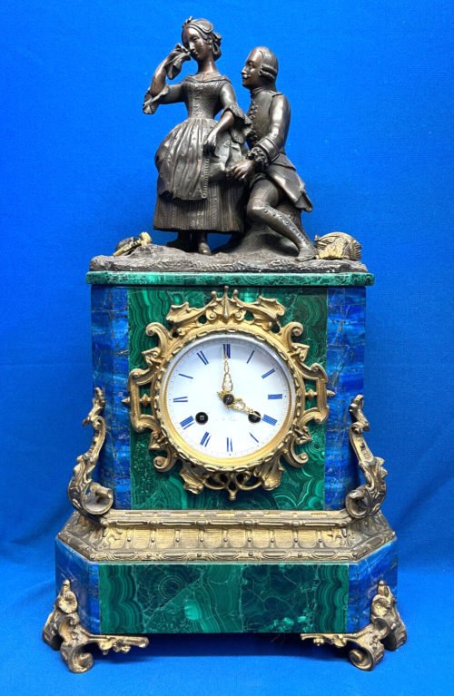 Antique French Vincenti Bronze Malacite And Lapis Mantel Clock