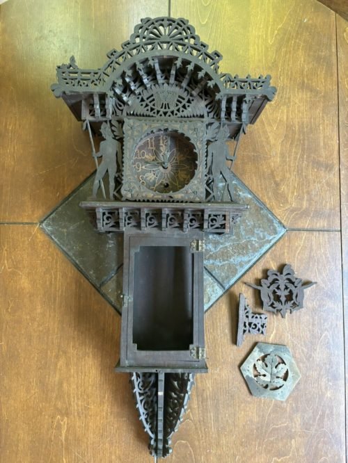 ANTIQUE GERMAN FRETWORK CARVED BLACK FOREST CLOCK EGYPTIAN FOLK TRAMP ART OOAK!