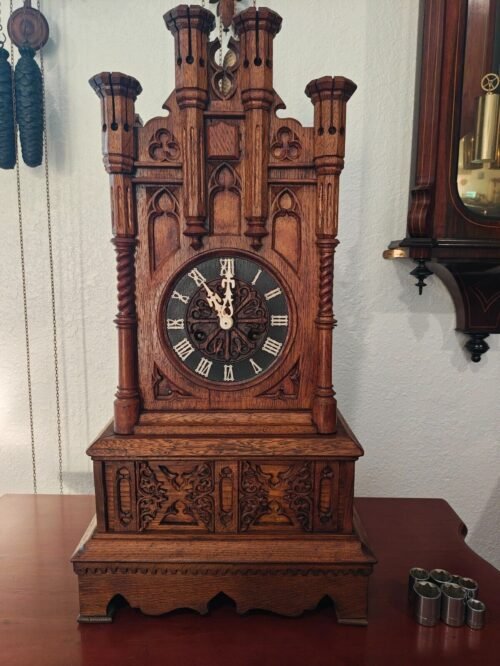 ANTIQUE GERMAN P.H.S. LARGE BLACK FOREST 8 DAY BRASS FUSEE MANTEL CUCKOO CLOCK