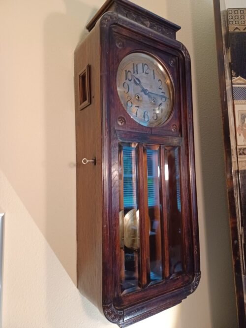 Antique German Solid Oak Arts & Crafts Style Wall Clock by GUSTAV BECKER: 1910