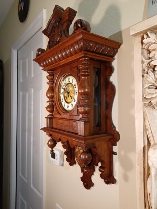 Antique German Solid Oak Victorian Style Free Swing Wall Clock by G BECKER: 1890