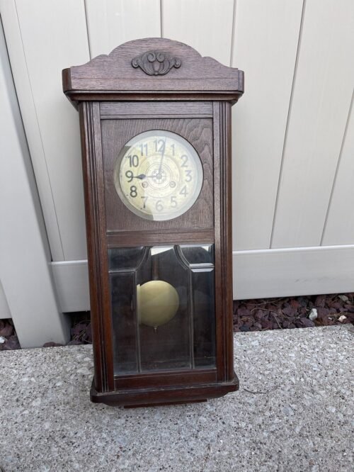 Antique German Wall Clock Junghans Beveled Glass with Pendulum For Restoration.