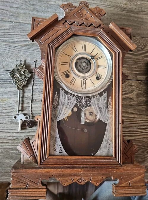 Antique Gilbert Co Wooden Mechanical Kitchen Mantle Table Clock 19" Tall