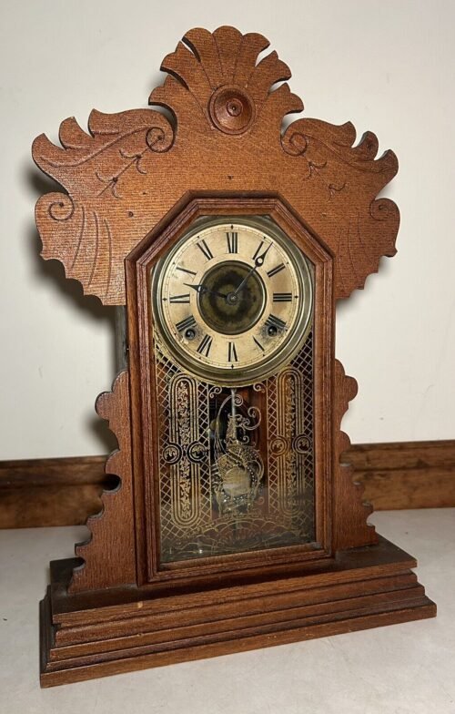 Antique Ingraham Dhalia Gingerbread Kitchen Parlor Table Mantel Shelf Desk Clock
