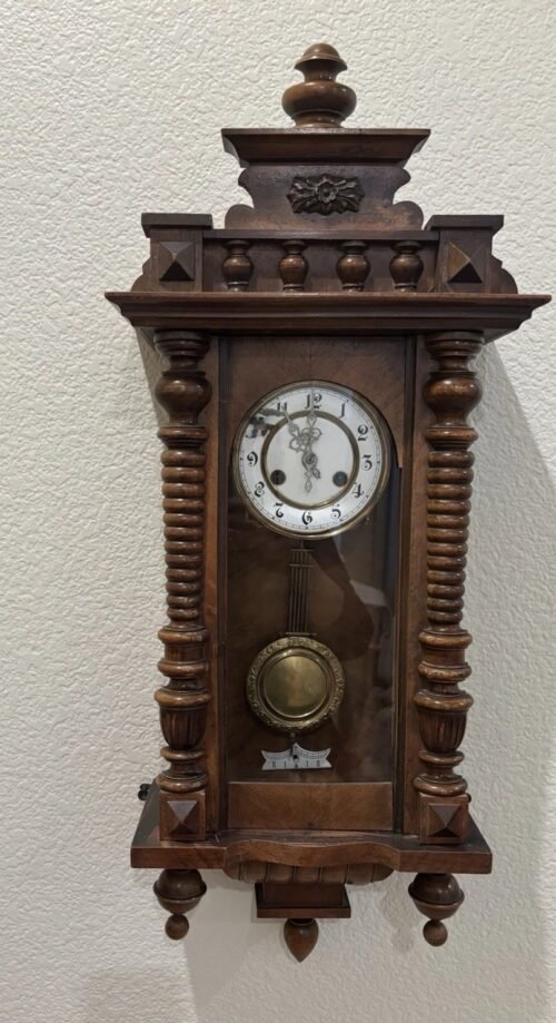 ANTIQUE JULIUS SCHIRPF GERMAN PENDULUM WALL CLOCK W/ GONG CHIME. KEY WORKS