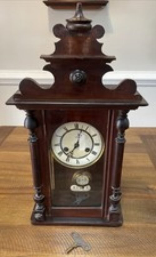 Antique Junghams German Carved Wood Mantle Clock R = A Pendulum & Key