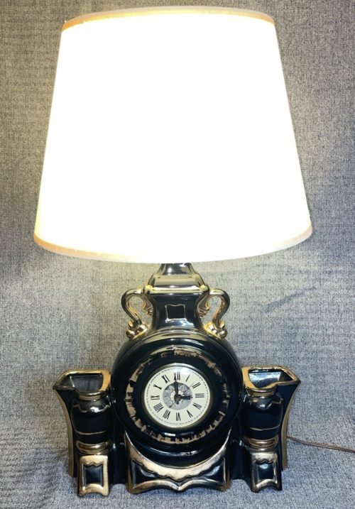 Antique Lanshire T3 Table Lamp w/Self-starting Clock Black Ceramic Gold Trim USA