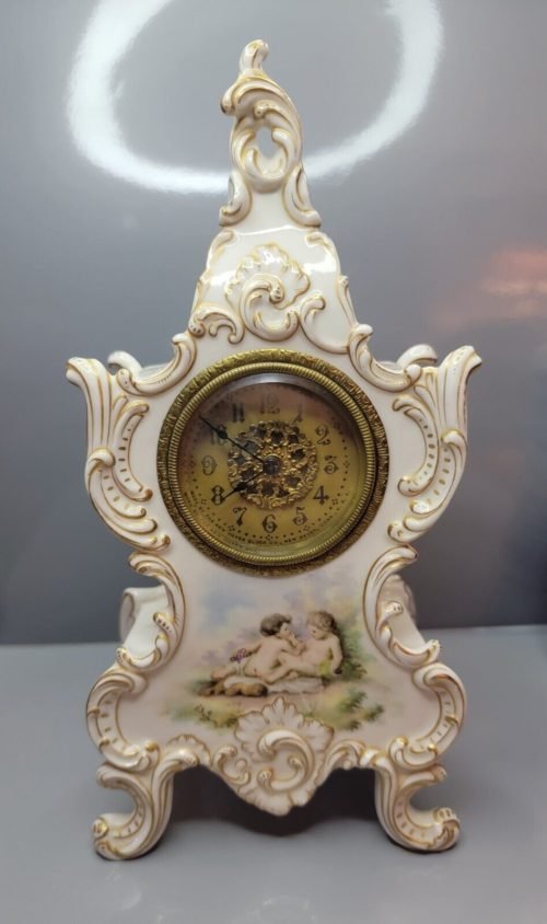 Antique Lenox Victorian Clock - Ivory w/ Roses & Gold Trim - Lavender Back Stamp