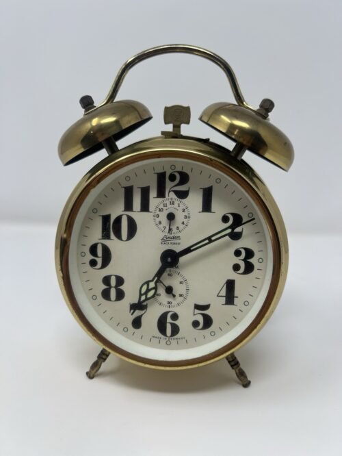 Antique Linden Black Forest Germany Double Bell Peg Leg Brass Alarm Clock Glow