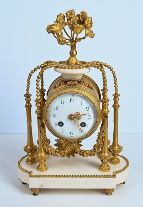 Antique Marble Gilt Bronze French Flowers Clock 12.5"