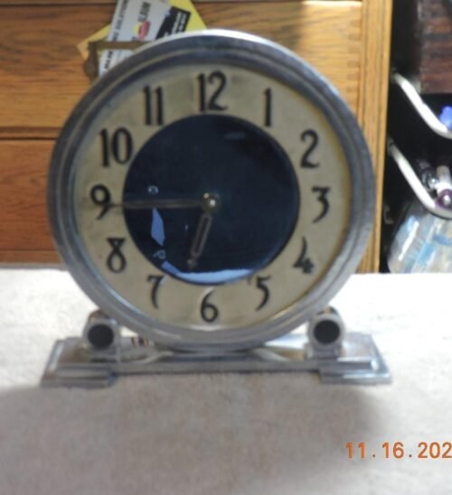 Antique MCM Herschede Mid Century Blue Mirror Dial Chrome Desk Table Clock
