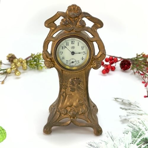 Antique Mini Mantel Clock Gilded Table Clock Woman Statue Floral Home Decor