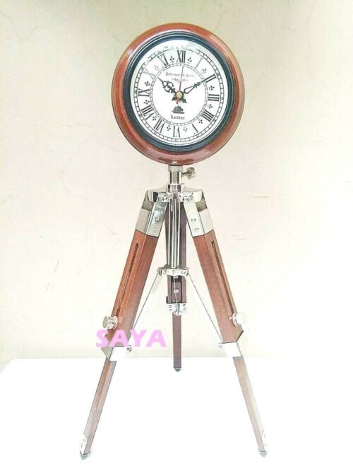 Antique Nautical Tripod Stand Clock Steel Finish Table Clock Vintage Style Wood