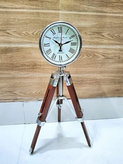 Antique Nautical Tripod Stand Clock Steel Finish Table Clock Vintage Style Wood