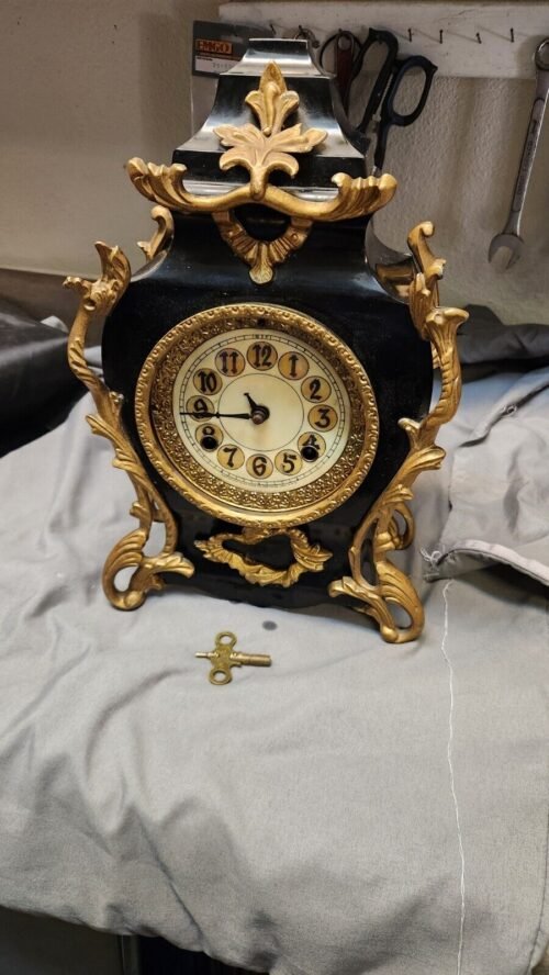 Antique New Haven Metal Mantle Clock, With Key,