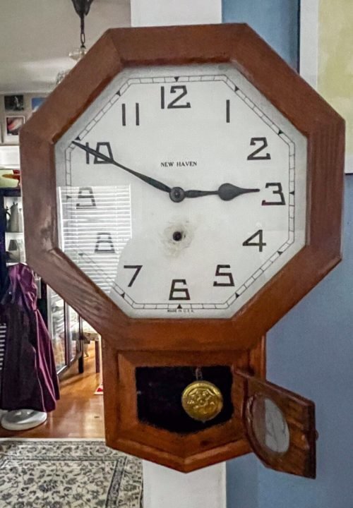 ANTIQUE NEW HAVEN SCHOOLHOUSE DROP OCTAGON WALL REGULATOR CLOCK WORKING